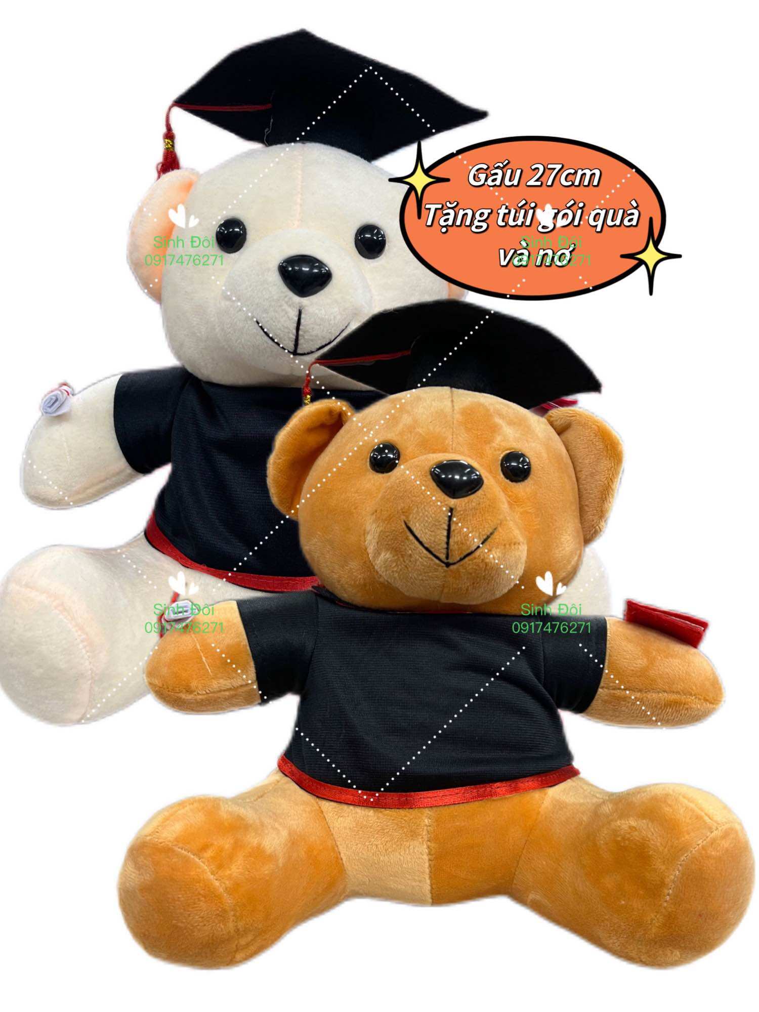 Thú bông gấu tốt nghiệp 27cm - tặng túi gói quà và nơ - màu ngẫu nhiên