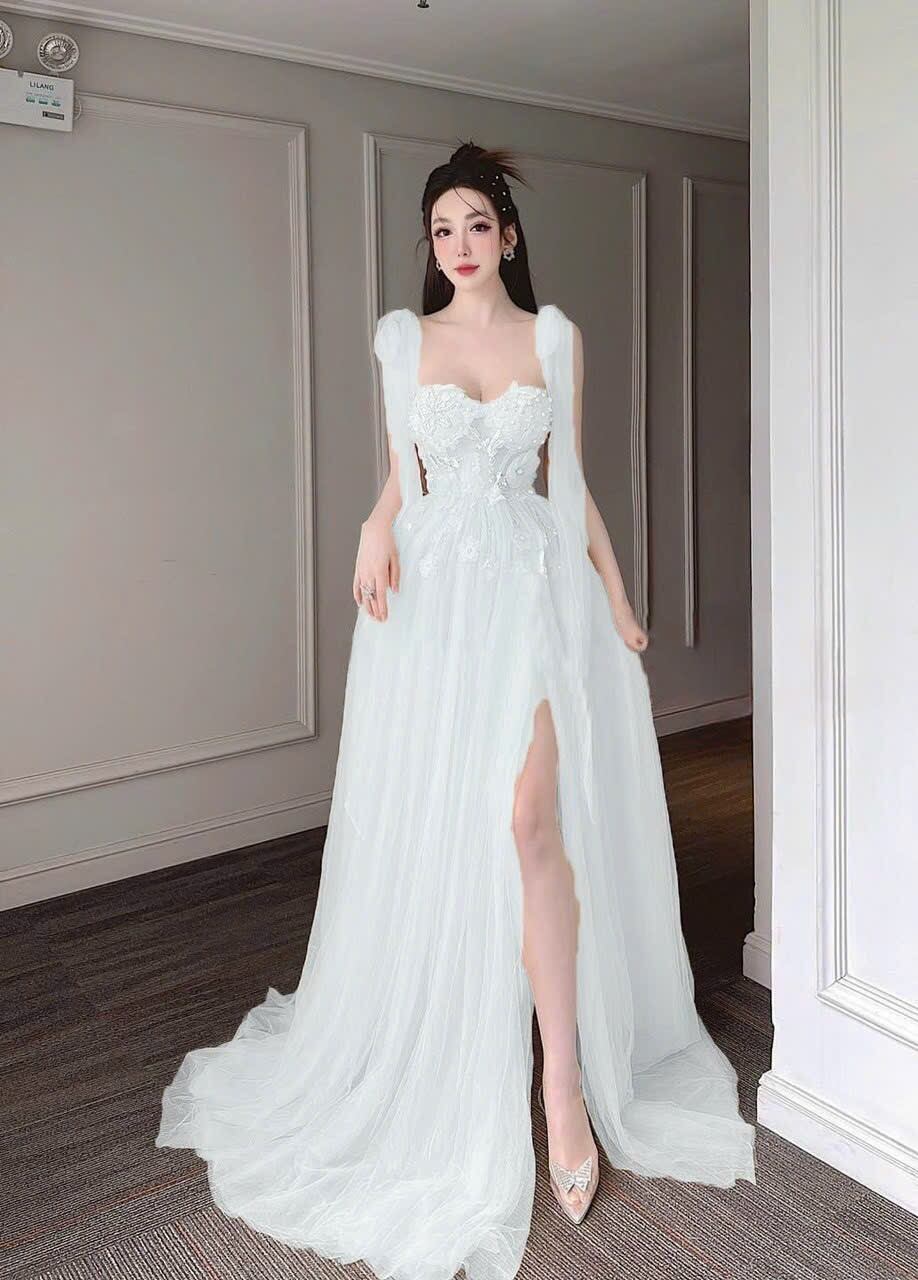 ĐẦM MAXI NƠ VAI ĐÍNH HOA 3D kèm ảnh thật