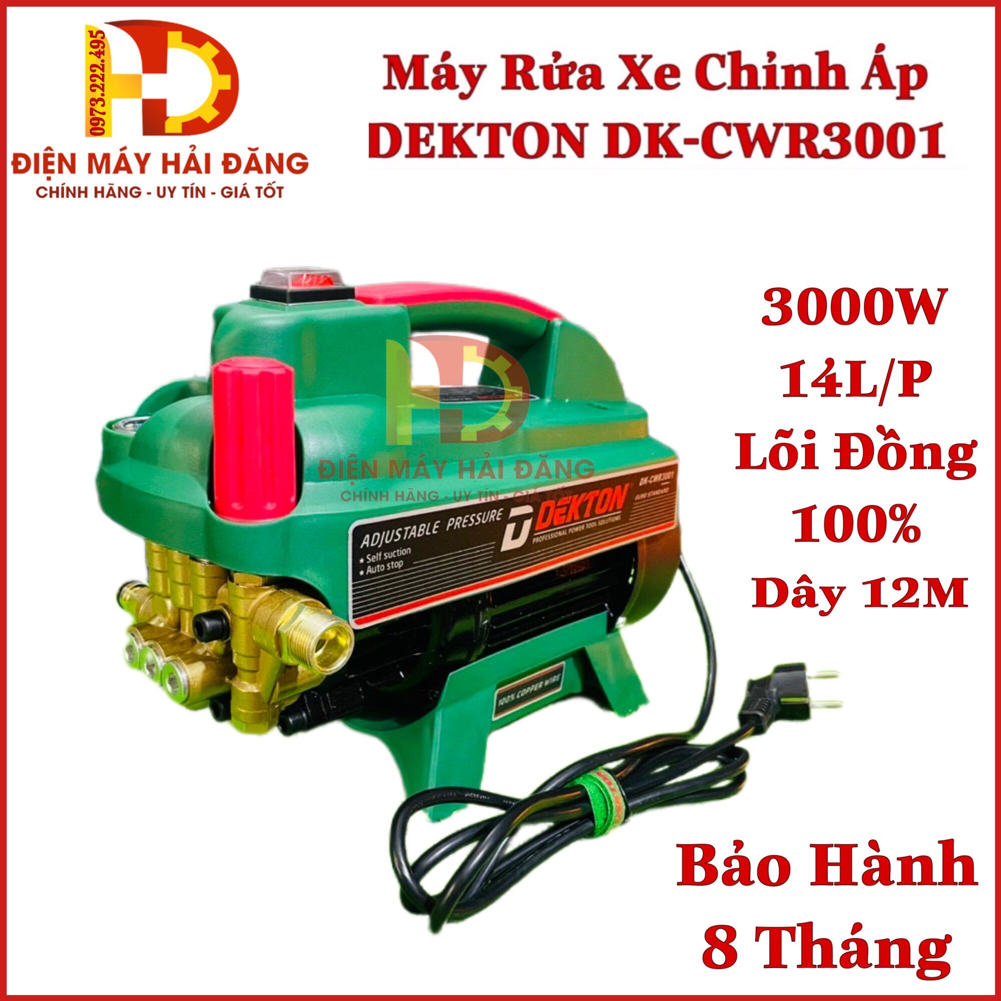 Máy rửa xe 3000w có chỉnh áp dekton dk-3001.máy công suất lớn.lõi đồng 100%.bh 8t