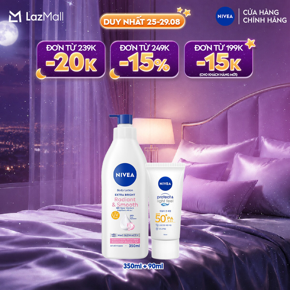 Bộ Đôi Sữa Dưỡng Thể NIVEA 8 Super Fooods Dưỡng Sáng Da và Kem Chống Nắng NIVEA PROTECT  LIGHT FEEL SPF50+ PA+++ - 98413 + 86018