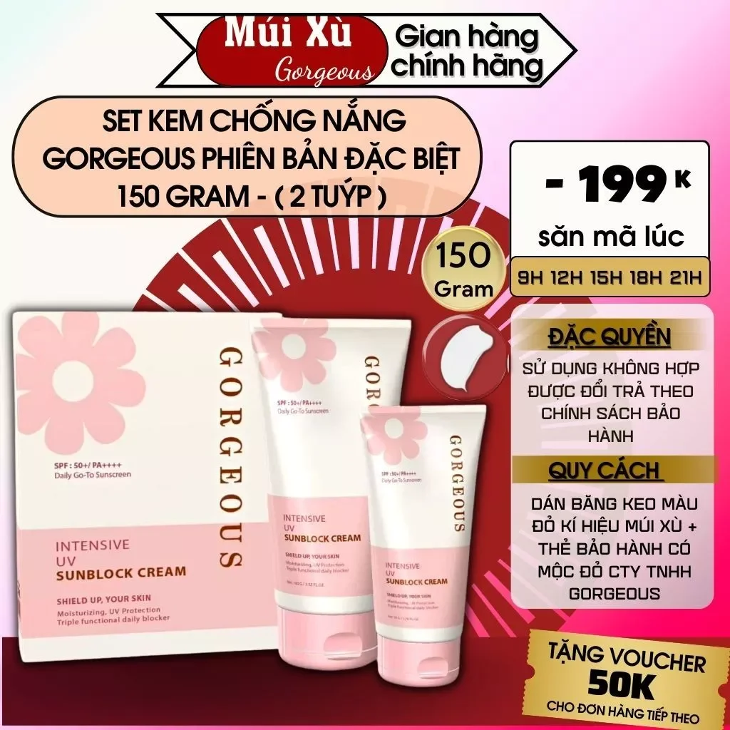 [MUA1 TẶNG 1 FULL BOX] Kem chống nắng múi xù gorgeous trắng da, nâng tone, chống nước lâu trôi tuýp SPF50+PA+++
