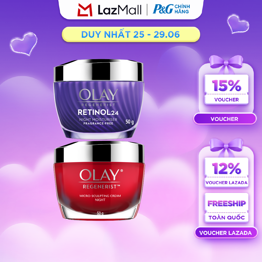 Combo Kem Dưỡng Ban Đêm OLAY REGENERIST Căng Mướt, Sáng Khỏe  Phục Hồi Dấu Hiệu Lão Hóa Hũ 50G + Kem Dưỡng Ban Đêm OLAY RETINOL24 Giúp Giữ Nét Tươi Trẻ Cho Da  Mờ Nếp Nhăn Hũ 50G