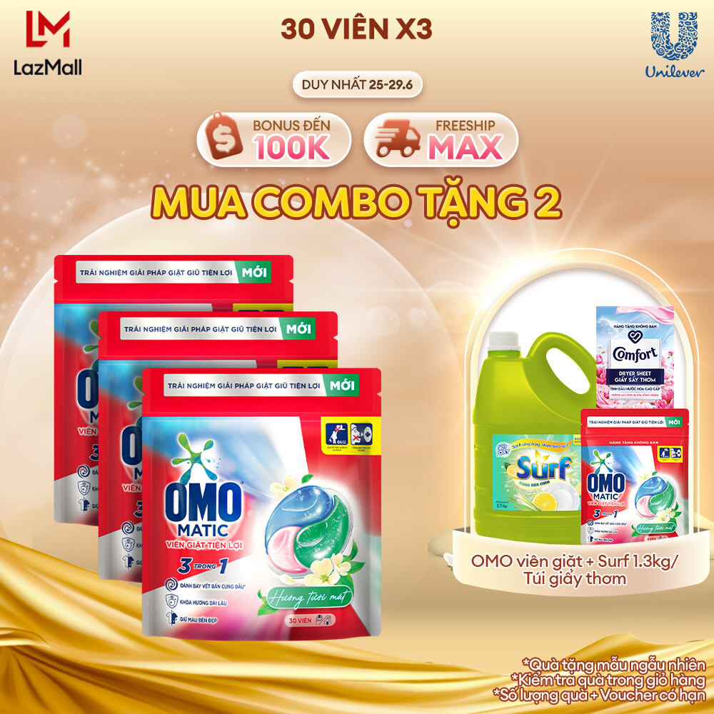 Combo 3 túi viên giặt tiện lợi OMO 3 trong 1 Hương tươi mát (30 viên/túi)