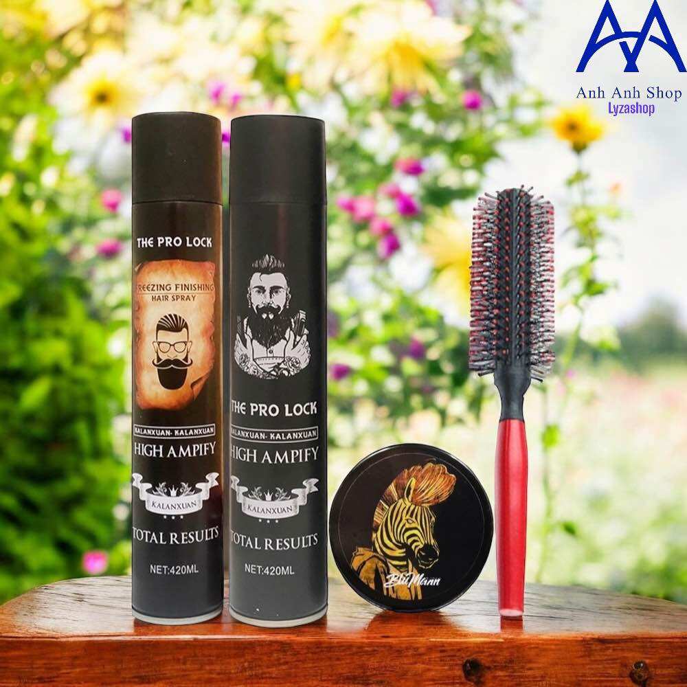 Combo Gôm The Prolock 420ml kèm Sáp vuốt tóc hương hoa quả tặng lược tròn tạo phồng tóc giữ nếp 24h