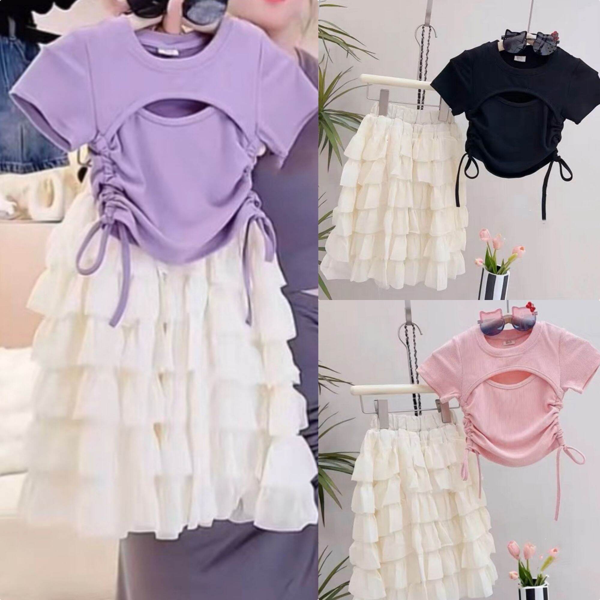 Set áo rút eo kết hợp chân váy tầng bèo tiểu thư bé gái