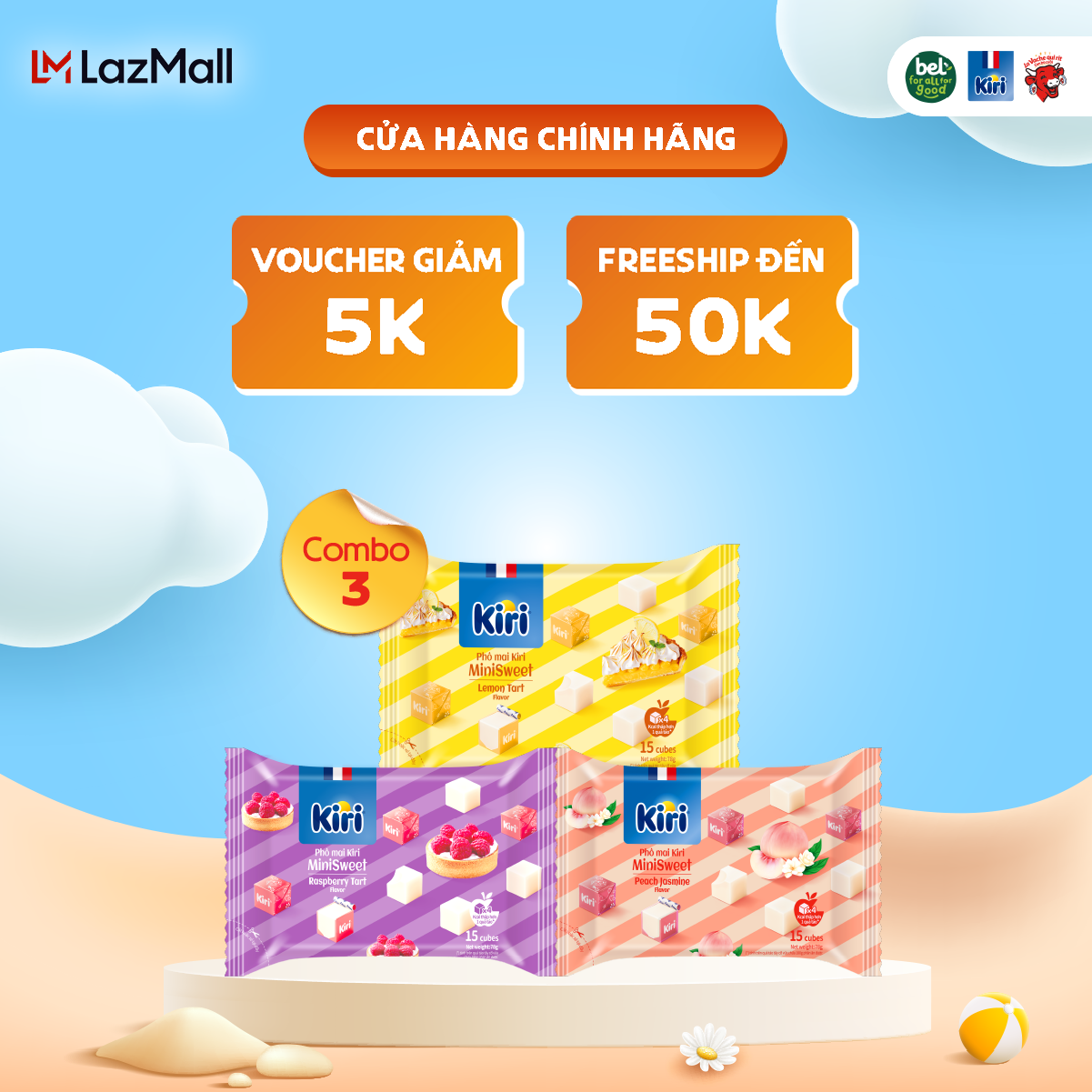 Combo 3 phô mai Kiri 15C 78g gồm vị đào hoa nhài + mâm xôi + chanh
