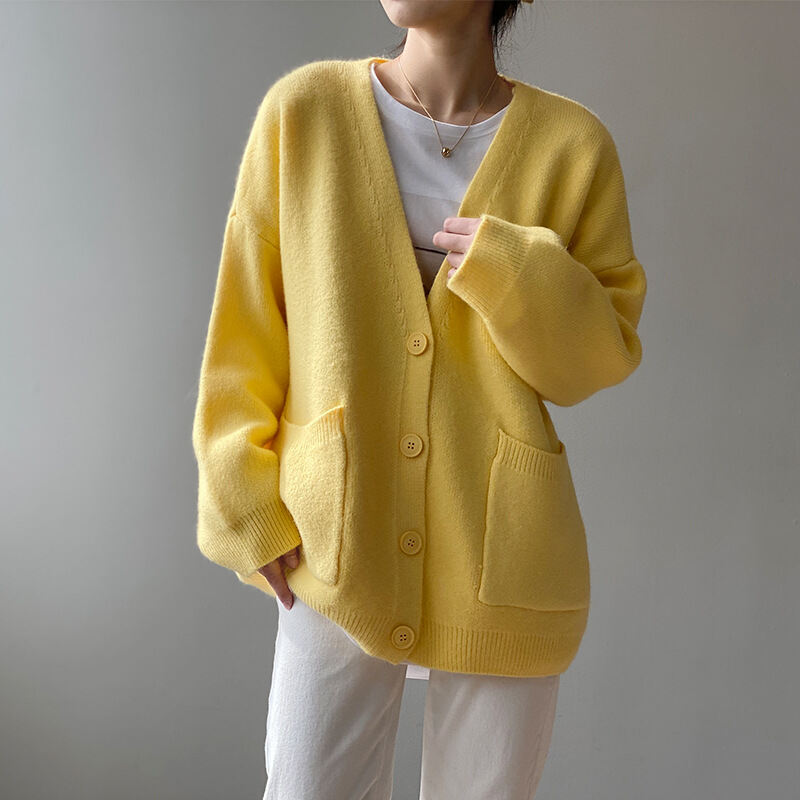 Áo Len Cardigan Dệt Kim Cổ Chữ V Cỡ Lớn Phong Cách Hàn Quốc Mùa Xuân Thu Mới Cho Nữ Dáng Rộng Thoải Mái Có Hai Túi Áo Khoác Ngoài