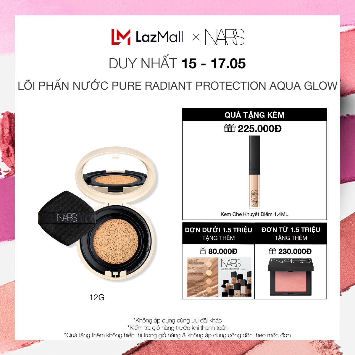 [15-17.05 | TẶNG CONCEALER MINI] Lõi phấn nước trang điểm nền NARS Pure Radiant Protection Aqua Glow Cushion SPF 50+/PA+++ 12g (Chưa bao gồm Case)