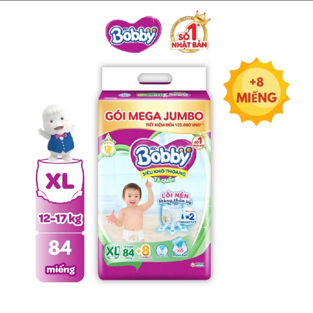 Tã quần Bobby Mega Jumbo XL84 miếng date mới