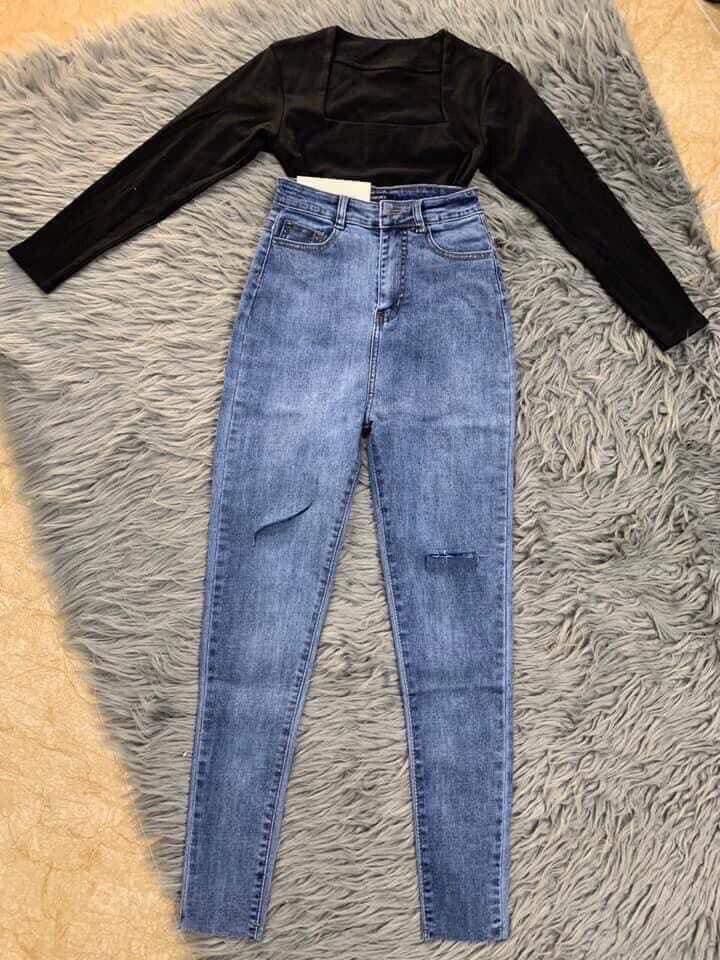 ✨Jeans Dài Lưng Cao Co Giãn Rách Xéo PT