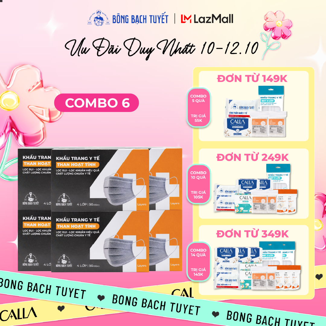 Combo 6 Khẩu trang Bông Bạch Tuyết than hoạt tính (50 cái/hộp)