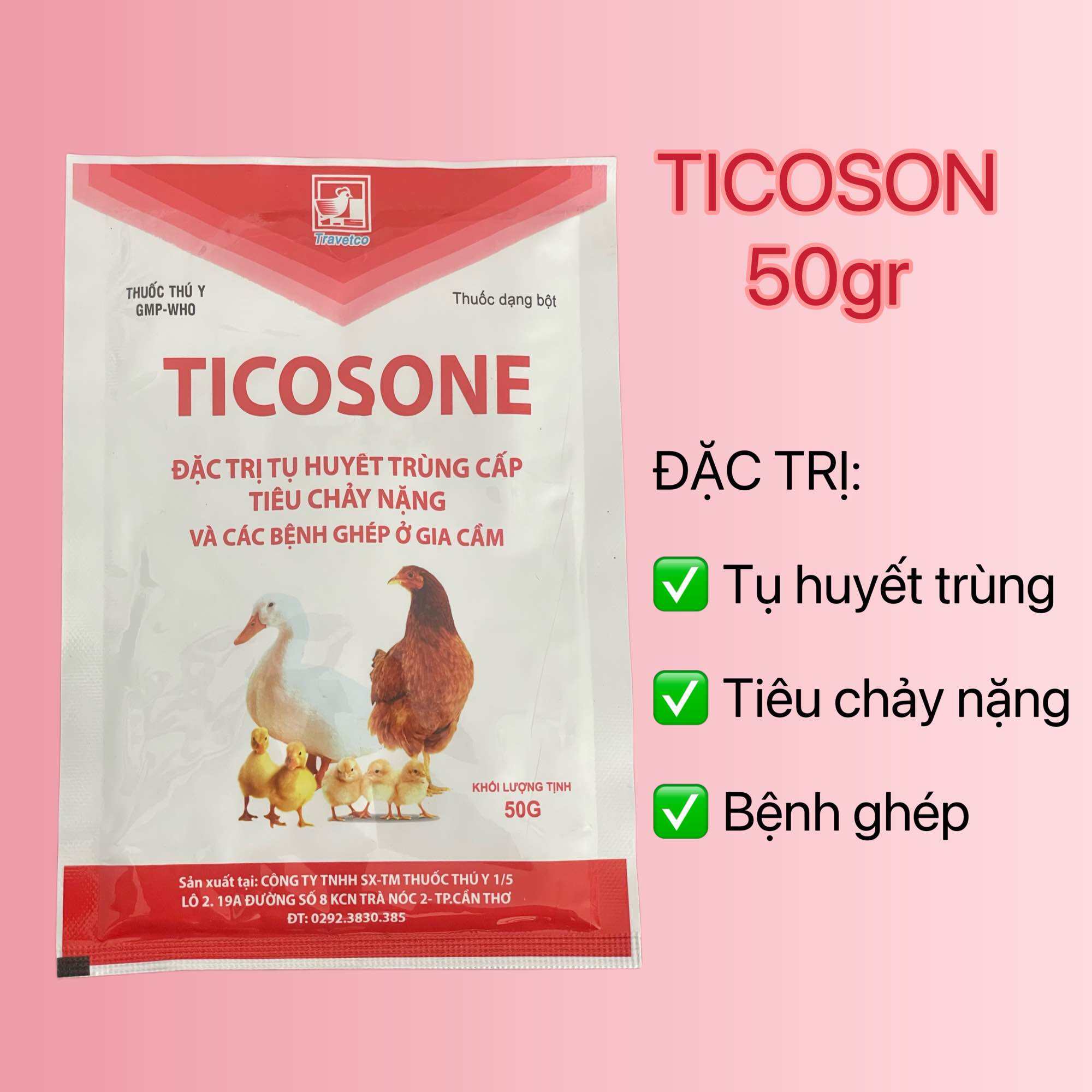 Ticosone 50g Travetco trị bệnh tụ huyết trùng cấp, tiêu chảy nặng và các bệnh ghép trên gà, gia súc.