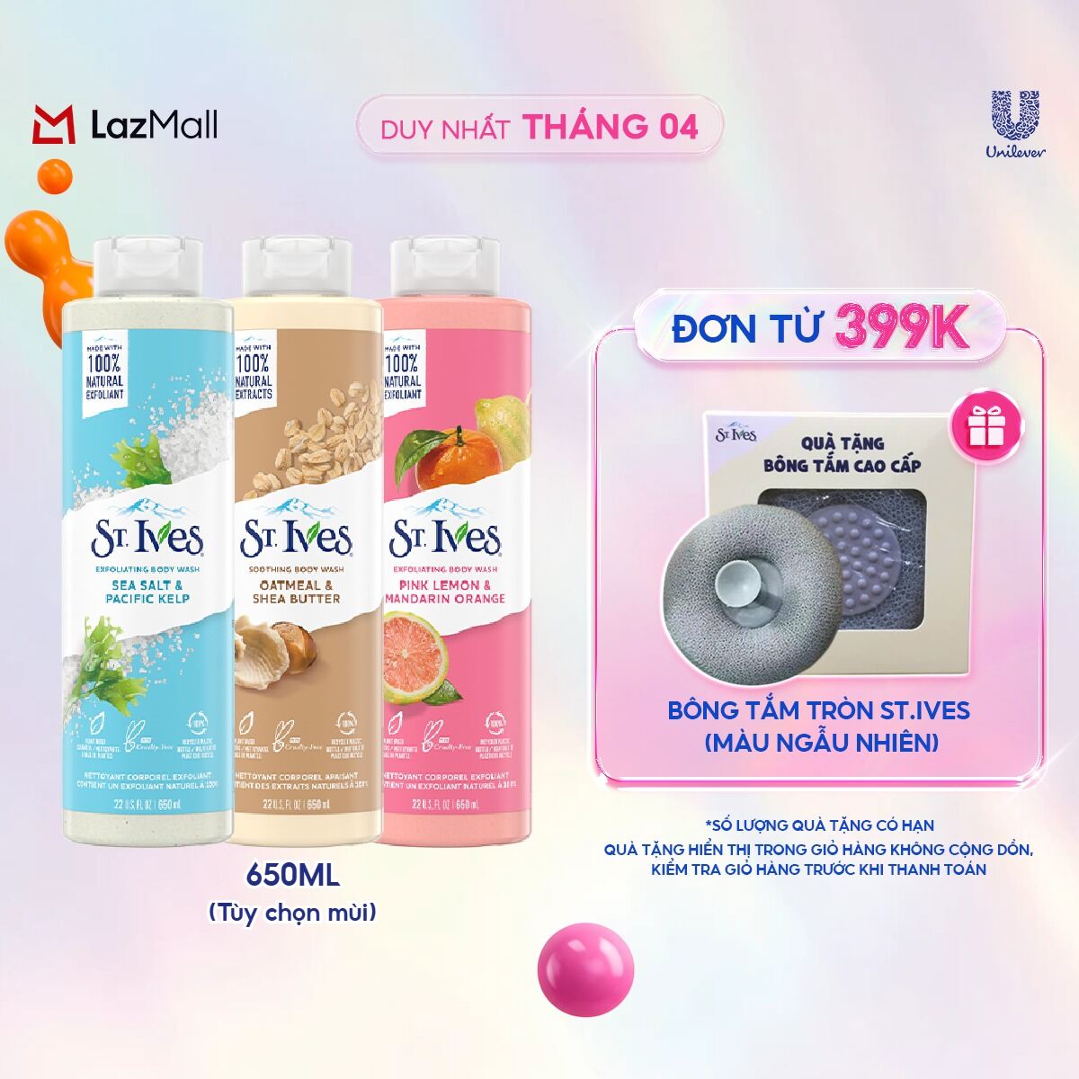 Sữa tắm dưỡng da St.Ives Muối Biển/Yến mạch và Bơ/Cam chanh/ Hoa Hồng và Lô Hội 650ml