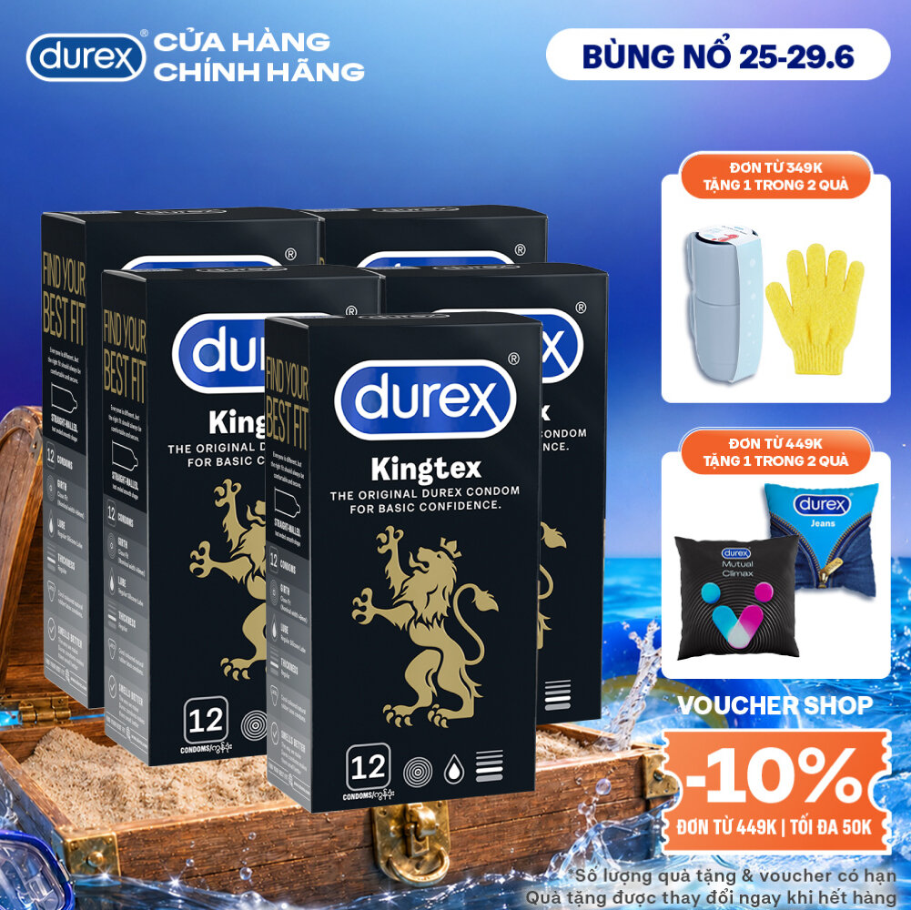 Bộ 5 hộp bao cao su Durex Kingtex bôi trơn, ôm sát size 49mm, 12 bao/hộp