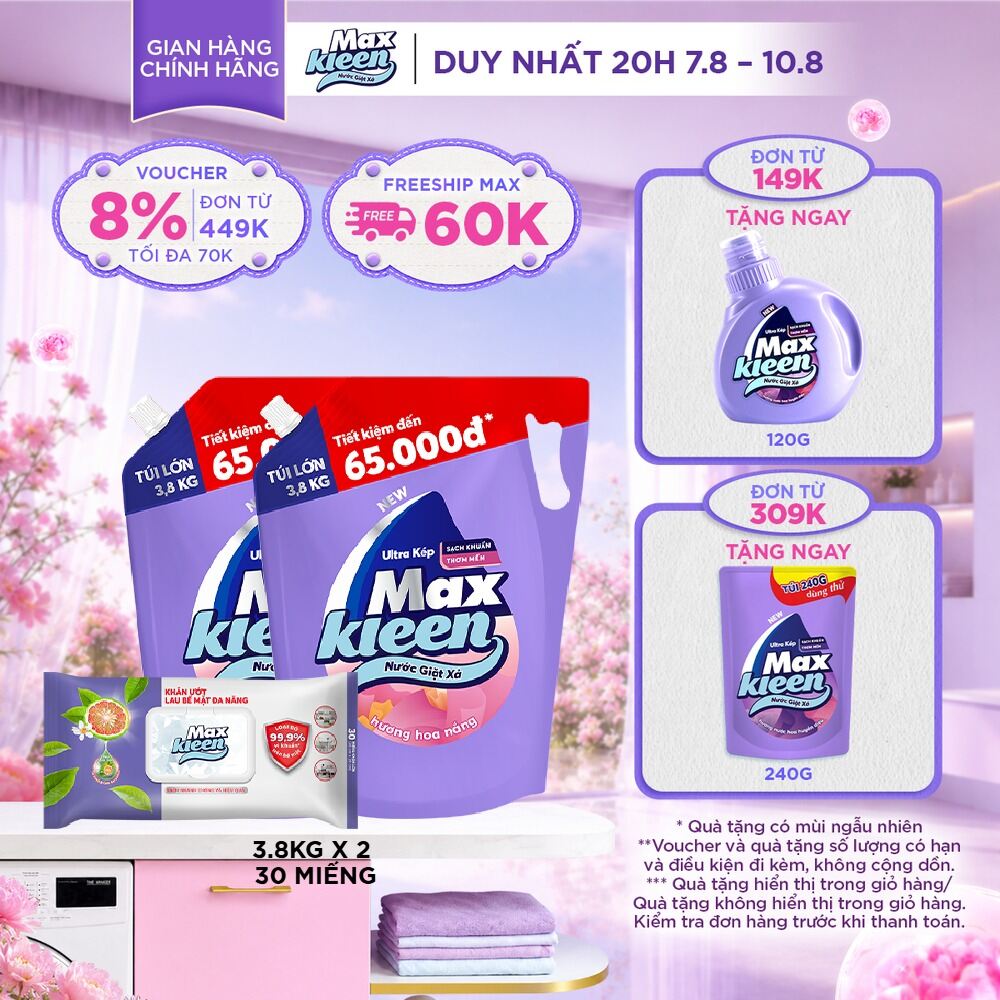 Combo 2 Túi Nước Giặt Xả MaxKleen hương Hoa Nắng (3.8kg/túi) + Lau Bề Mặt Đa Năng