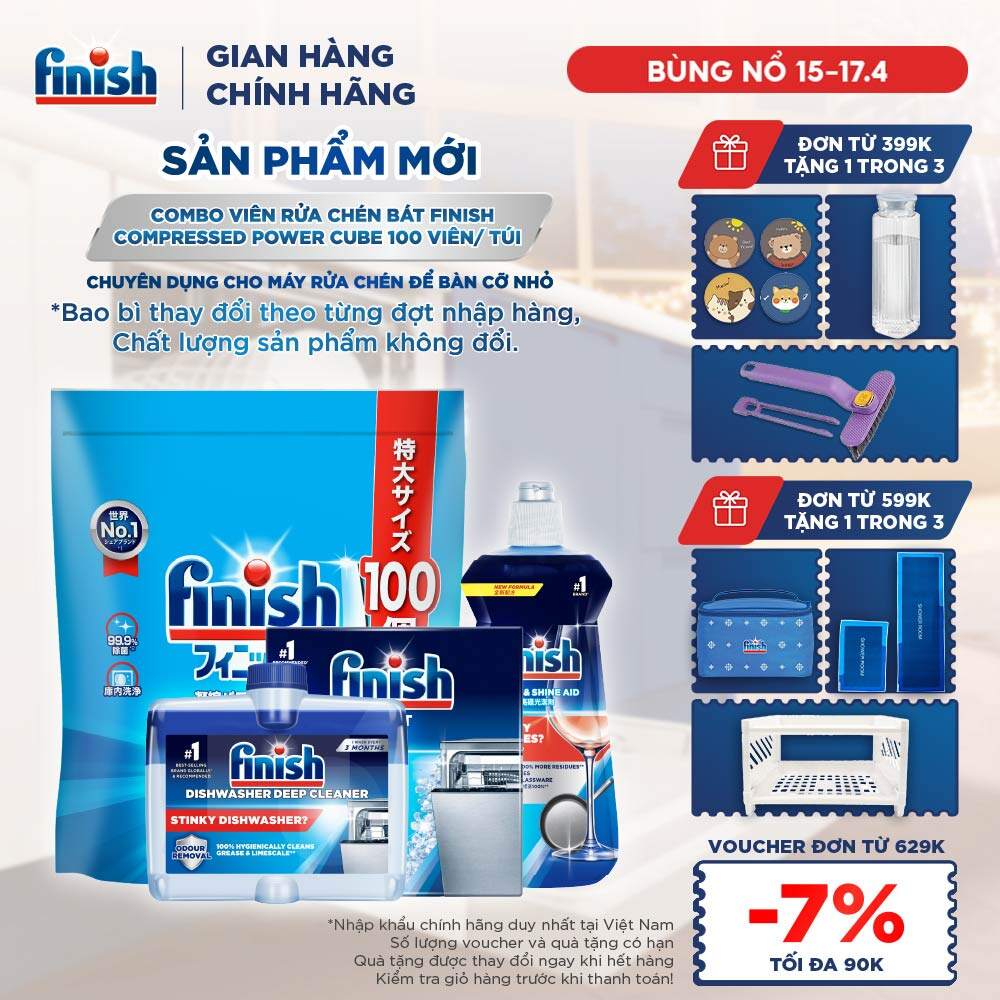 Combo Finish: Viên Rửa Chén Finish Nhật Bản Power Cube 100 Viên + Nước bóng + Dung dịch vệ sinh máy + Muối 2kg