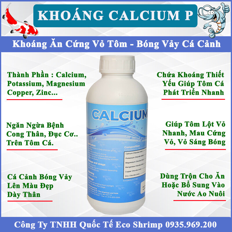Khoáng Cho Tôm, Tép, Cá Cảnh Calcium P, Bổ Sung Thức Ăn Làm Cứng Vỏ Tôm, Cá Bóng Vảy, Ngừa Đục Cơ, Cong Thân 1000ml