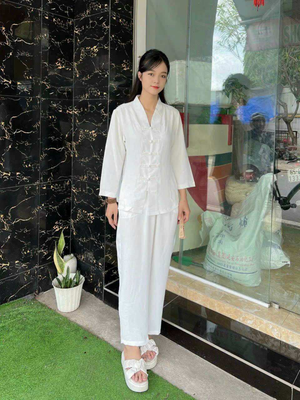 Đồ Lam Đi Chùa _ Mẫu Bà Lai Nút thắt ( Chất vãi đũi có độ co giãn nhẹ )