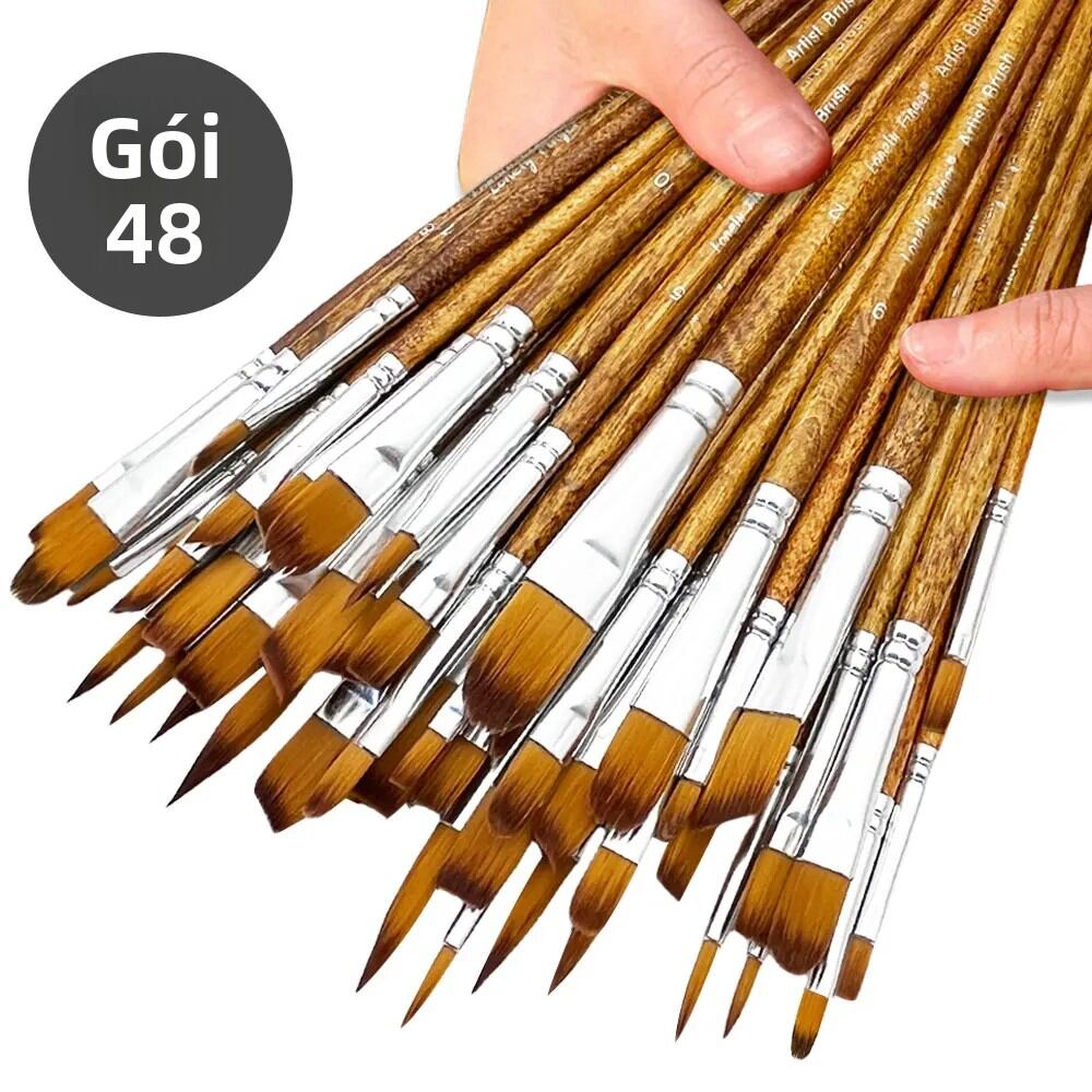 Bộ Cọ Vẽ Nghệ Thuật Cao Cấp - 12/48 Chiếc Với Cọ Tròn Cọ Dẹt Cọ Góc Lông Nylon Mịn Cán Gỗ Dùng Cho Vẽ Tranh Màu Nước