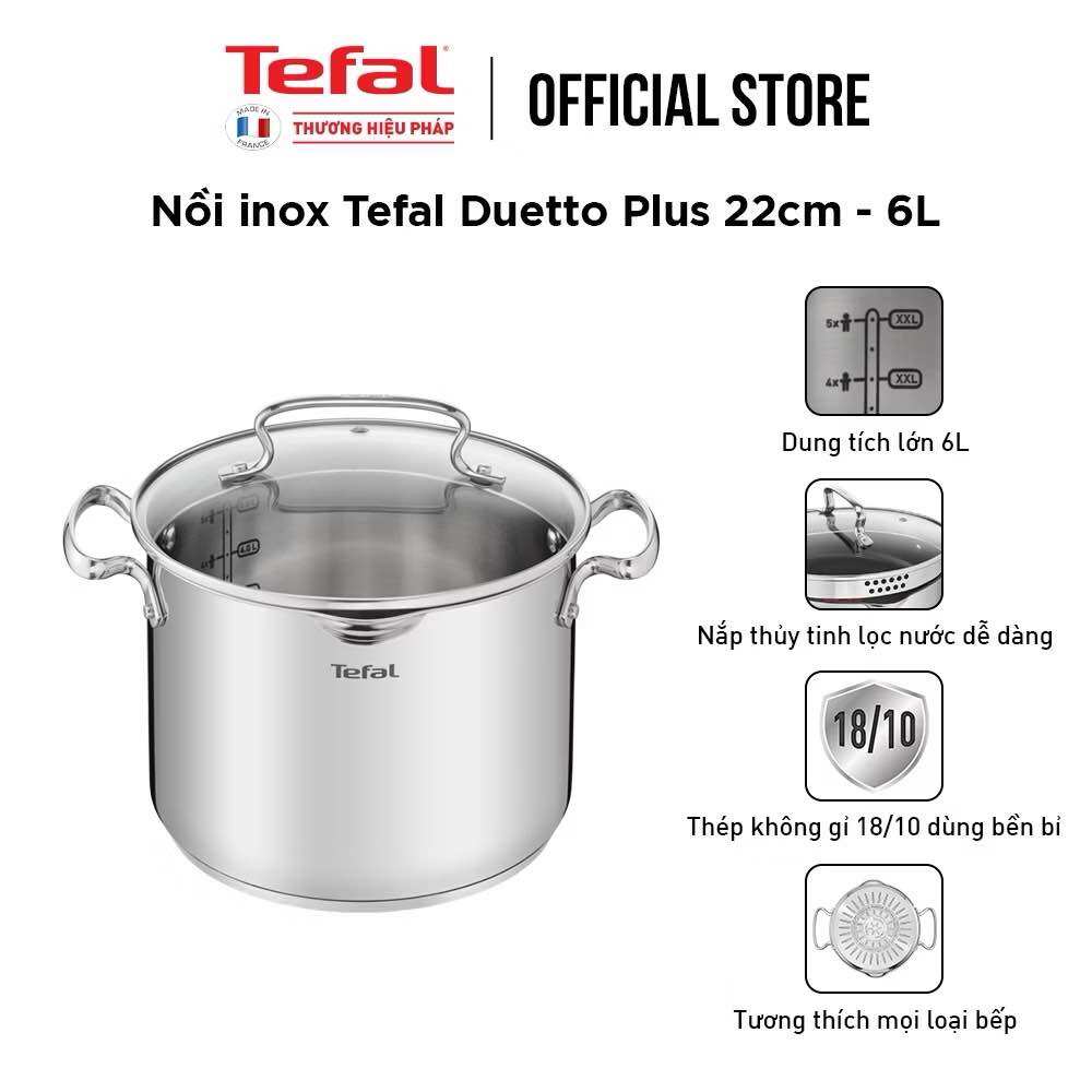 Nồi luộc gà thân cao Tefal Duetto Plus 28cm, 10.4L - Tefal Duetto Plus 22cm, 6.0L  - inox cao cấp 18/10