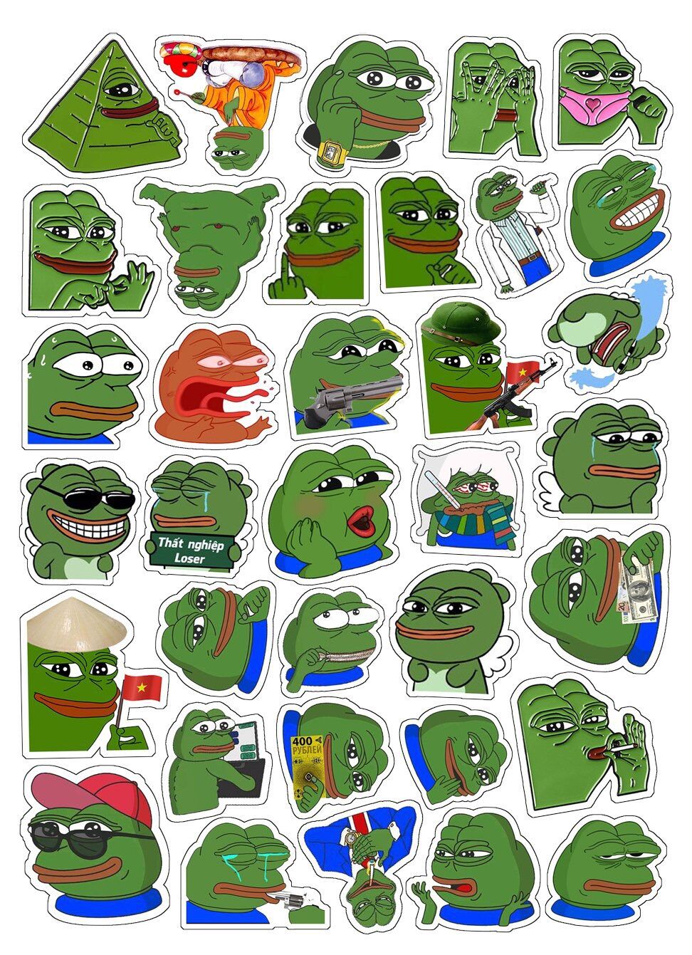 Combo 30->60 Sticker ếch xanh meme ép lụa khác nhau