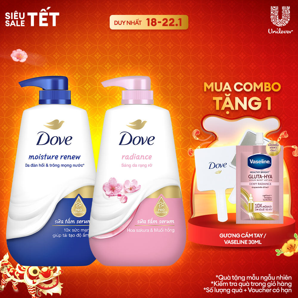 Combo 2 chai sữa tắm dưỡng thể Dove Dove Deep Moisture Dưỡng ẩm chuyên sâu và Sakura Blossoms Da mịn