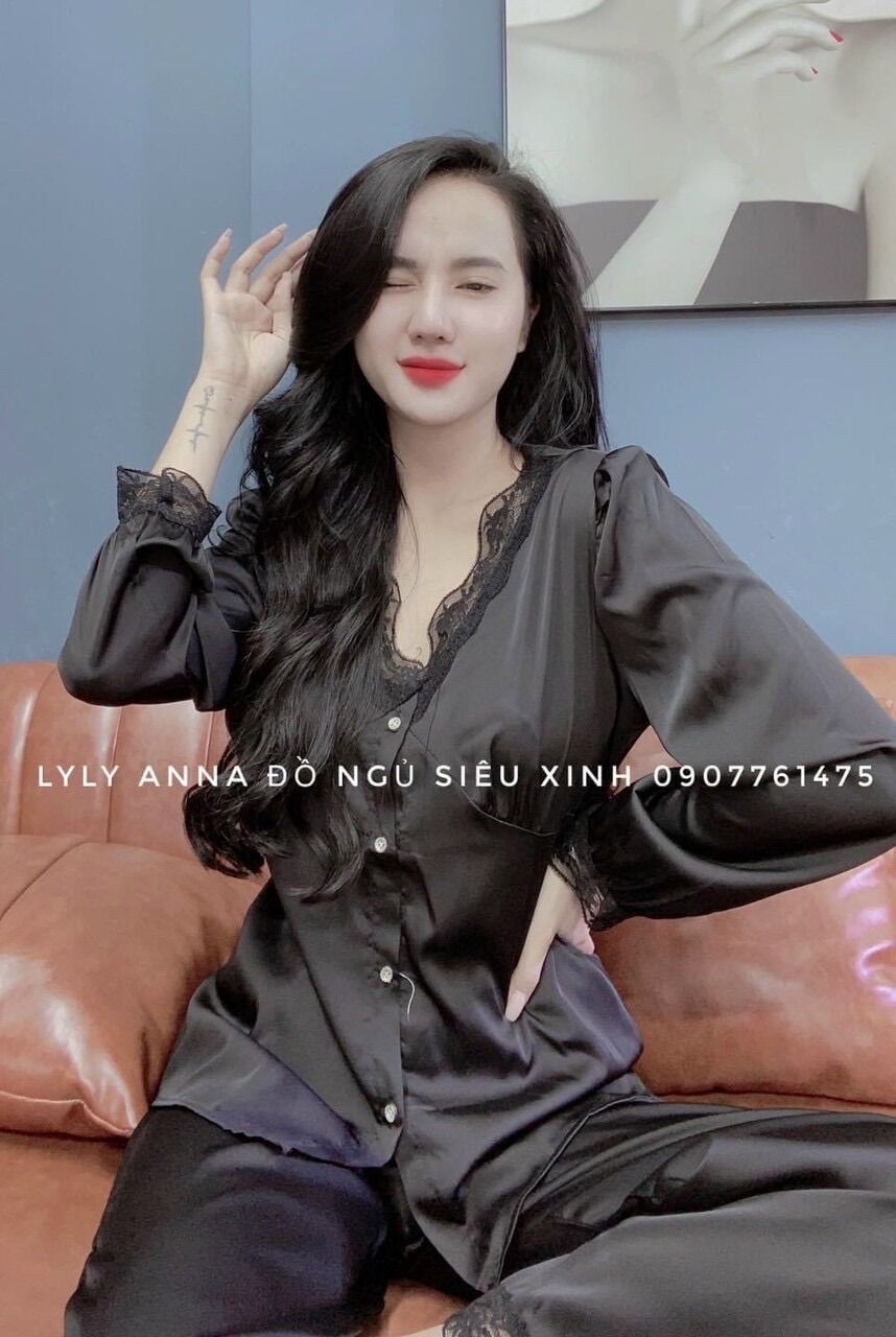 Bộ ngủ lụa dài tay , bộ ngủ dễ thương cổ V phối ren bánh bèo