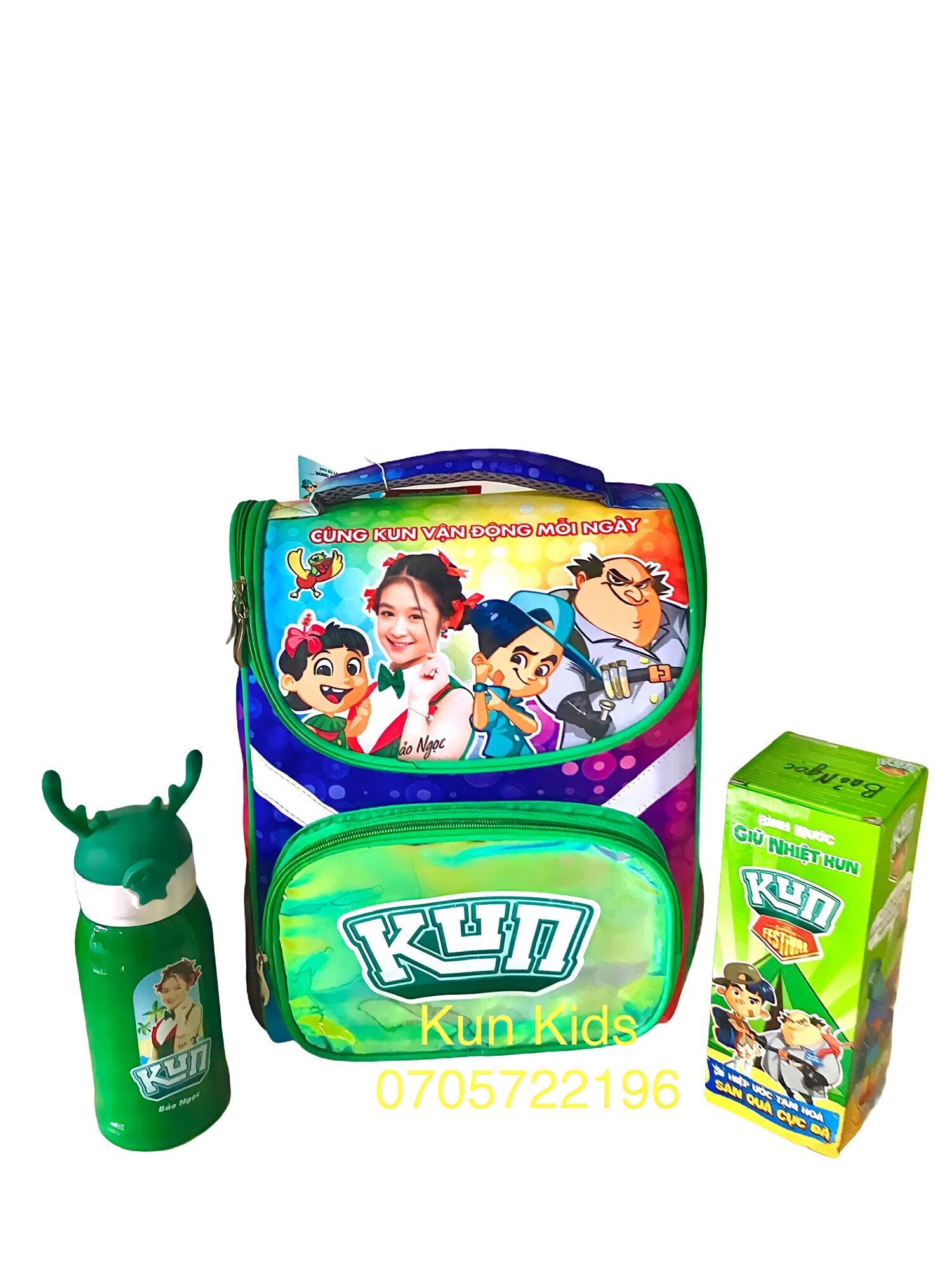 Combo 2 món balo Kun chống gù và bình nước giữ nhiệt Kun hình Bảo Ngọc - Hàng khuyến mại từ sữa Kun