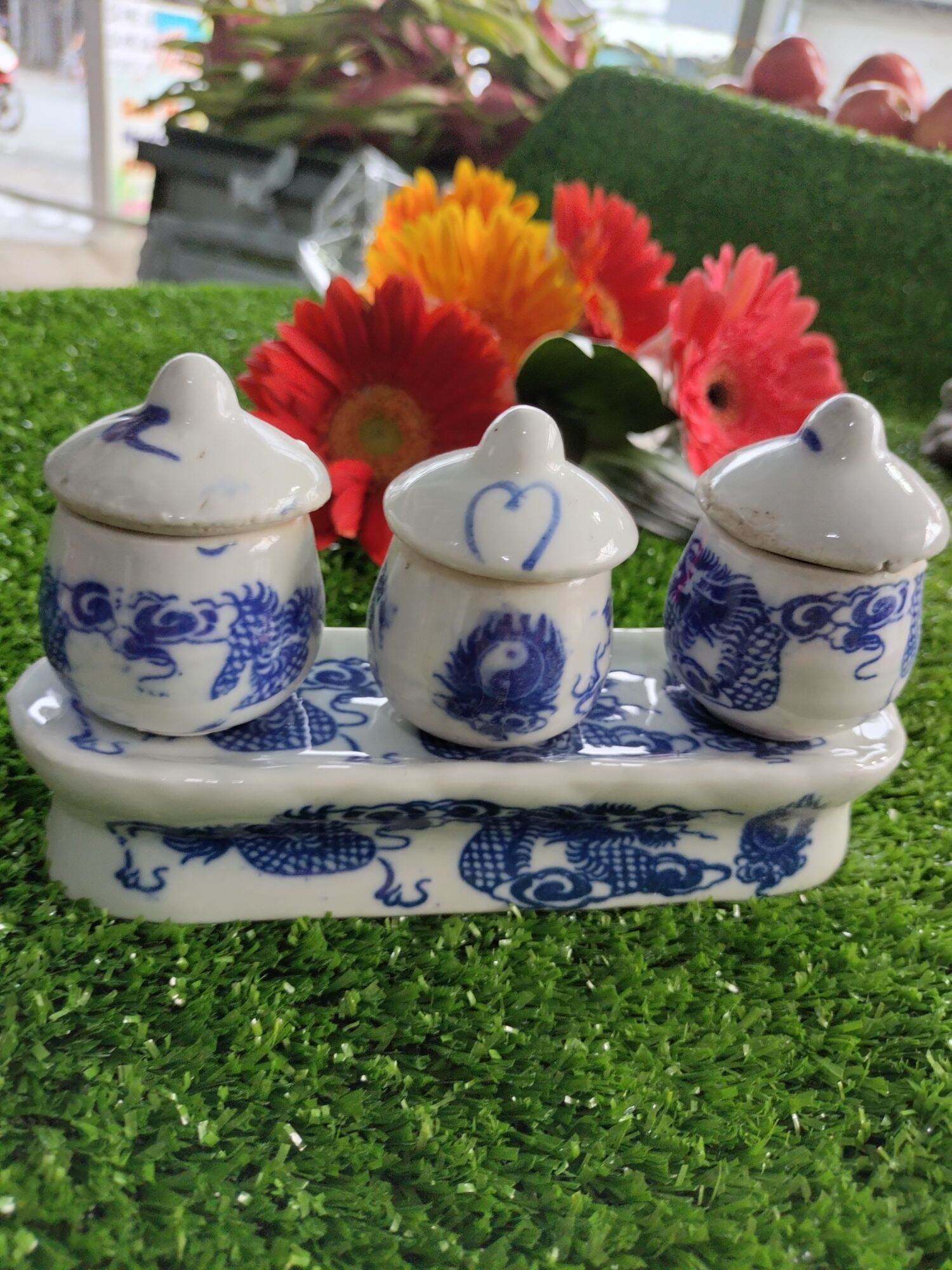 Bộ 3 chung ly, 5 chung ly có nắp thờ cúng sứ rồng xanh có nắp