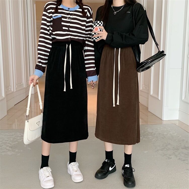Váy Midi Chữ a Cạp Cao Màu Nâu Cho Nữ Mùa Thu Đông Mới Về Váy Che Mông Màu Đen Cỡ Lớn Váy Công Sở Phong Cách Hàn Quốc