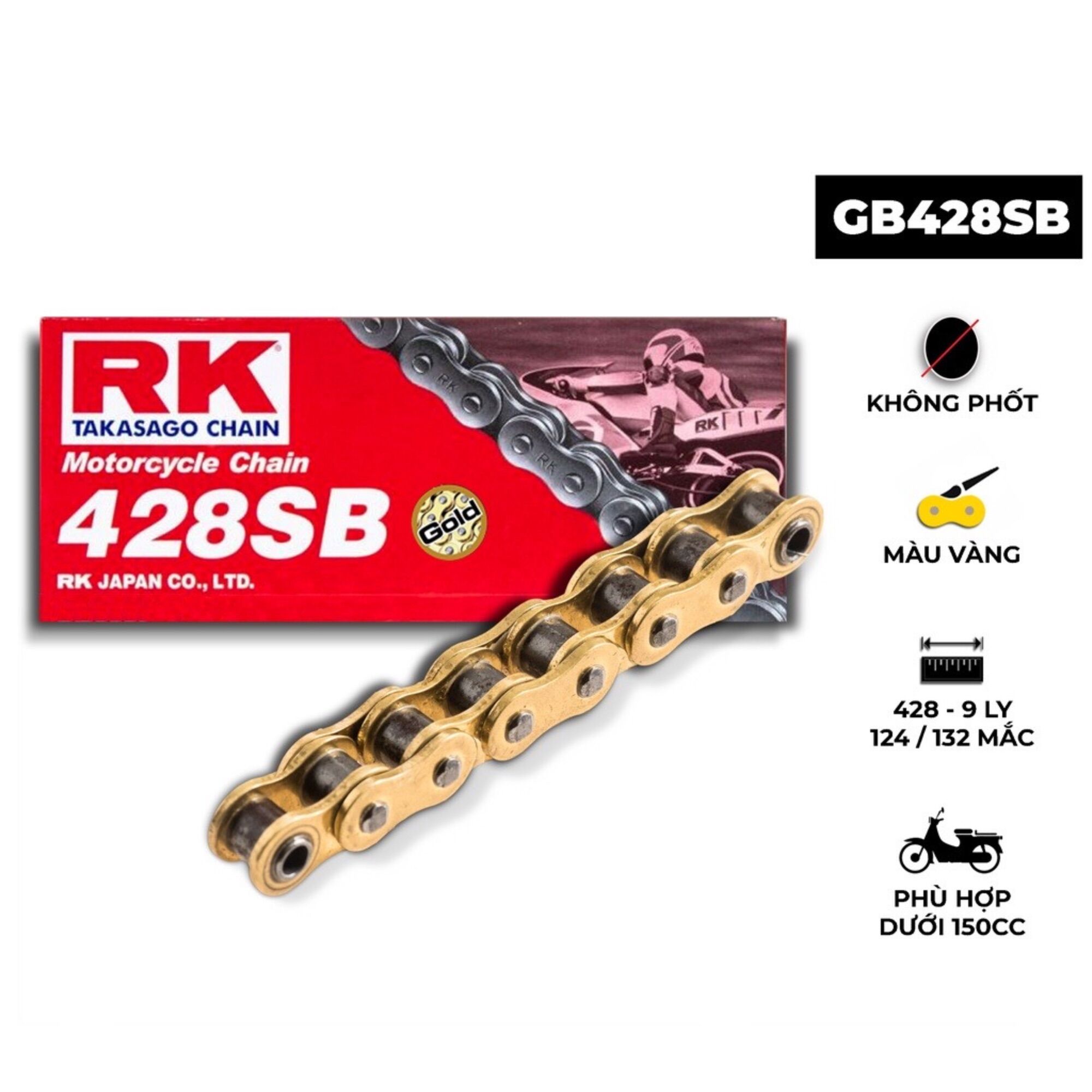 Sên xe máy rk takasago chain mã gb-428-sb, màu vàng, không phốt cao su, kích thước 9 ly - 428, 124 mắt