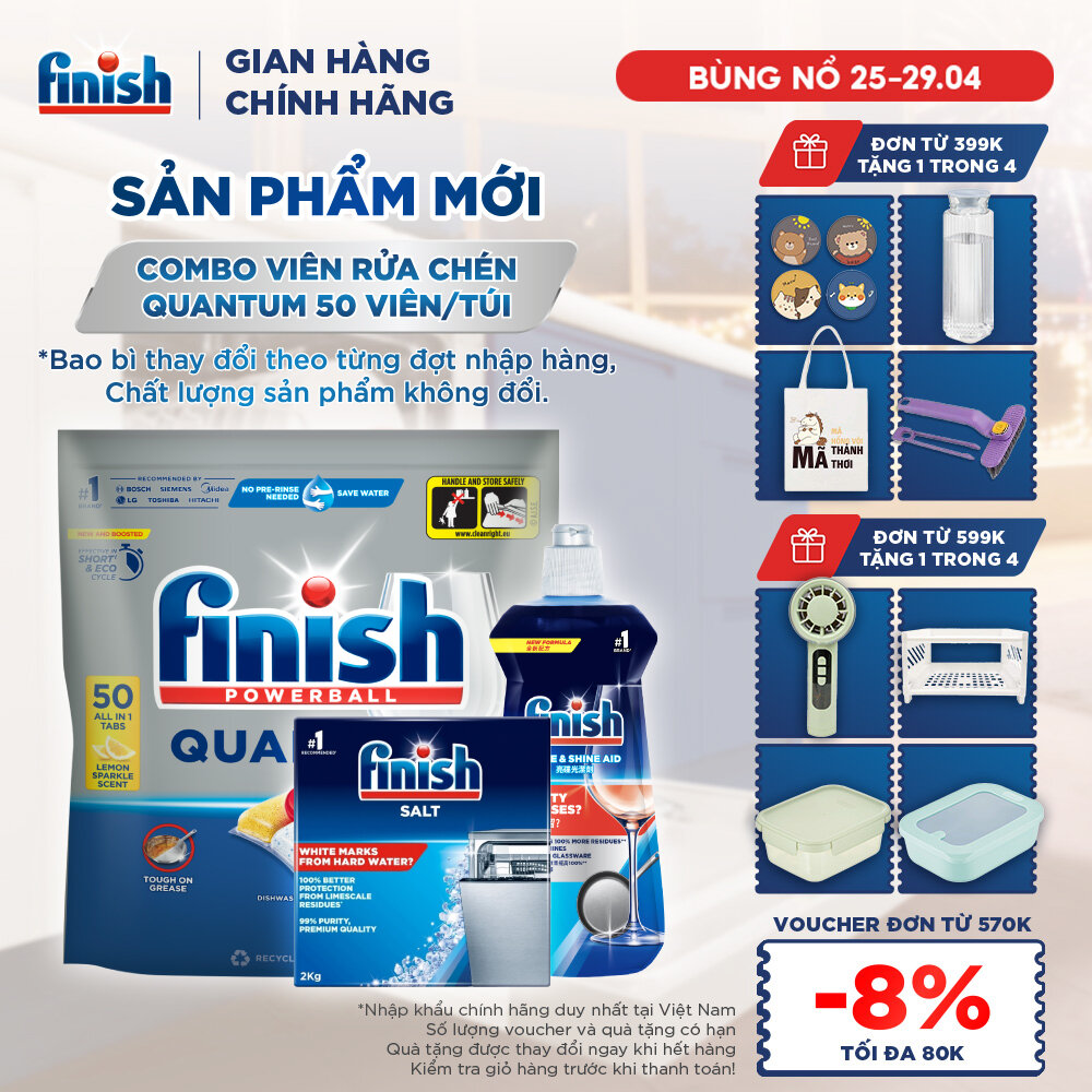 Combo Finish: Viên Rửa Chén Bát Finish Powerball Quantum 50 viên + Nước Làm bóng 500ml + Muối Rửa Chén Bát 2kg