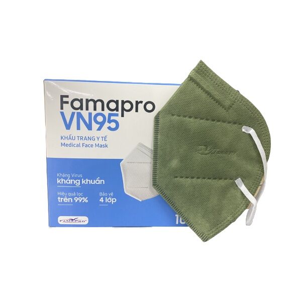 [COMBO 8 HỘP - 80 CÁI FAMAPRO VN95 Xanh RÊU] - Khẩu trang y tế N95 kháng khuẩn 4 lớp Famapro VN95 đạt chuẩn N95 (10 cái/ hộp)