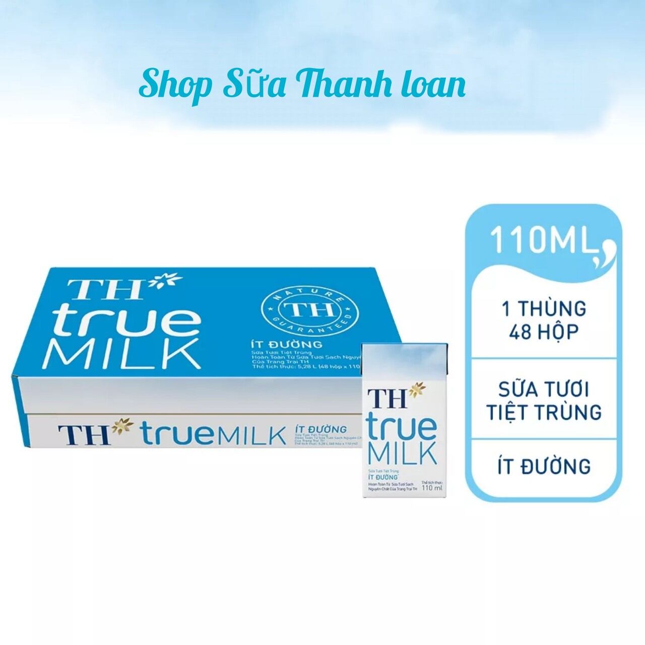 Thùng 48 hộp sữa tươi tiệt trùng th true milk ít đường 110ml.