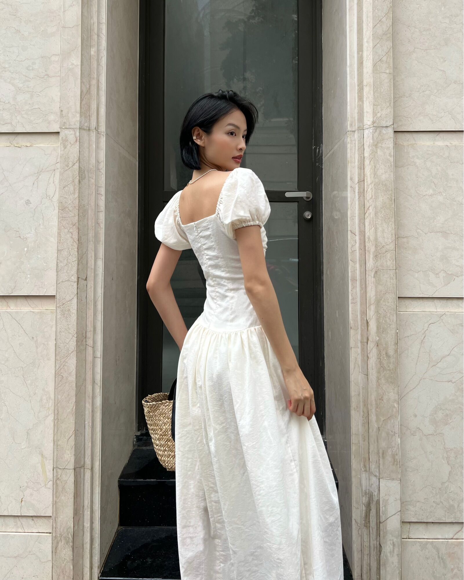 SAP-Đầm tay phồng linen xếp ly