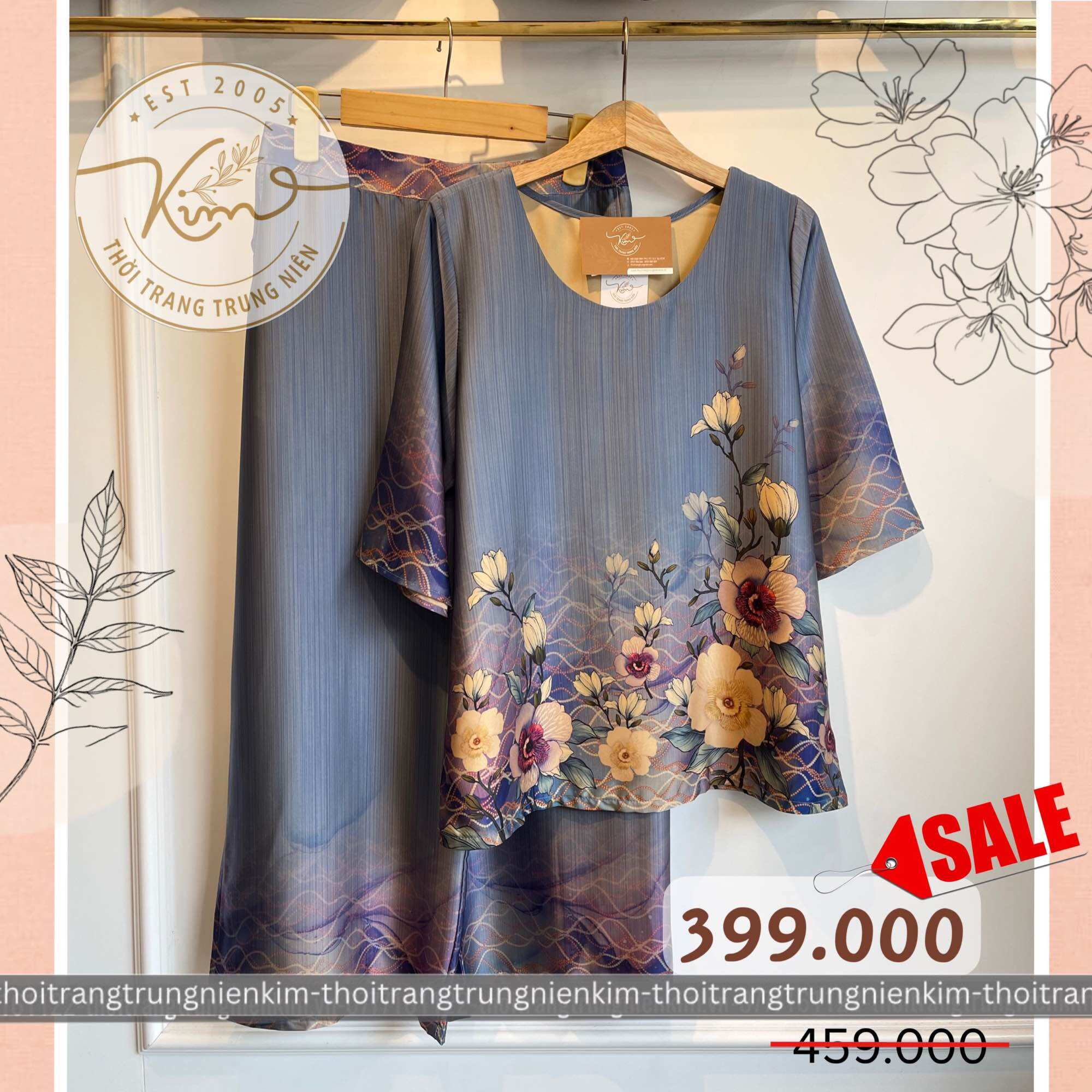 Sét bộ lụa trung niên cao cấp hoa văn hoạ tiết sang trọng Bigsize quần dài 85cm