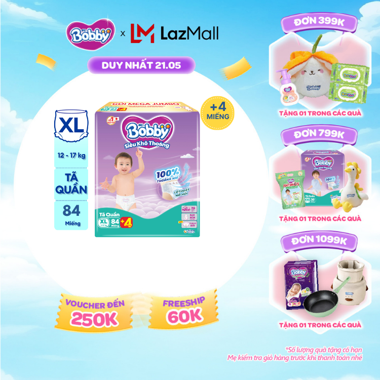 [SALE CUỐI THÁNG tặng QUÀ TO-SLCH] Tã/bỉm quần Bobby 3mm Mega Jumbo Siêu khô thoáng XL84