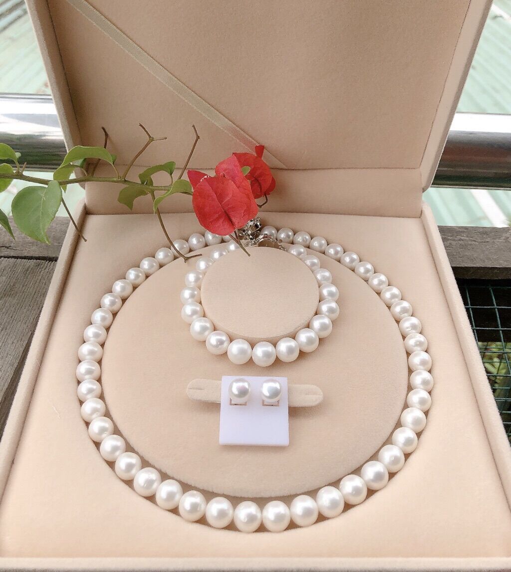 Bộ trang sức ngọc trai nuôi nước ngọt tự nhiên cao cấp, hạt tròn đẹp size 10.5-11.5ly màu Trắng