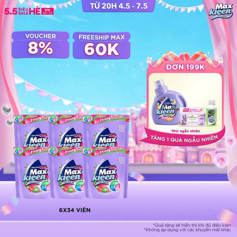 Combo 6 Túi viên giặt xả MaxKleen hương Nước Hoa Huyền Diệu (34 viên/ túi)