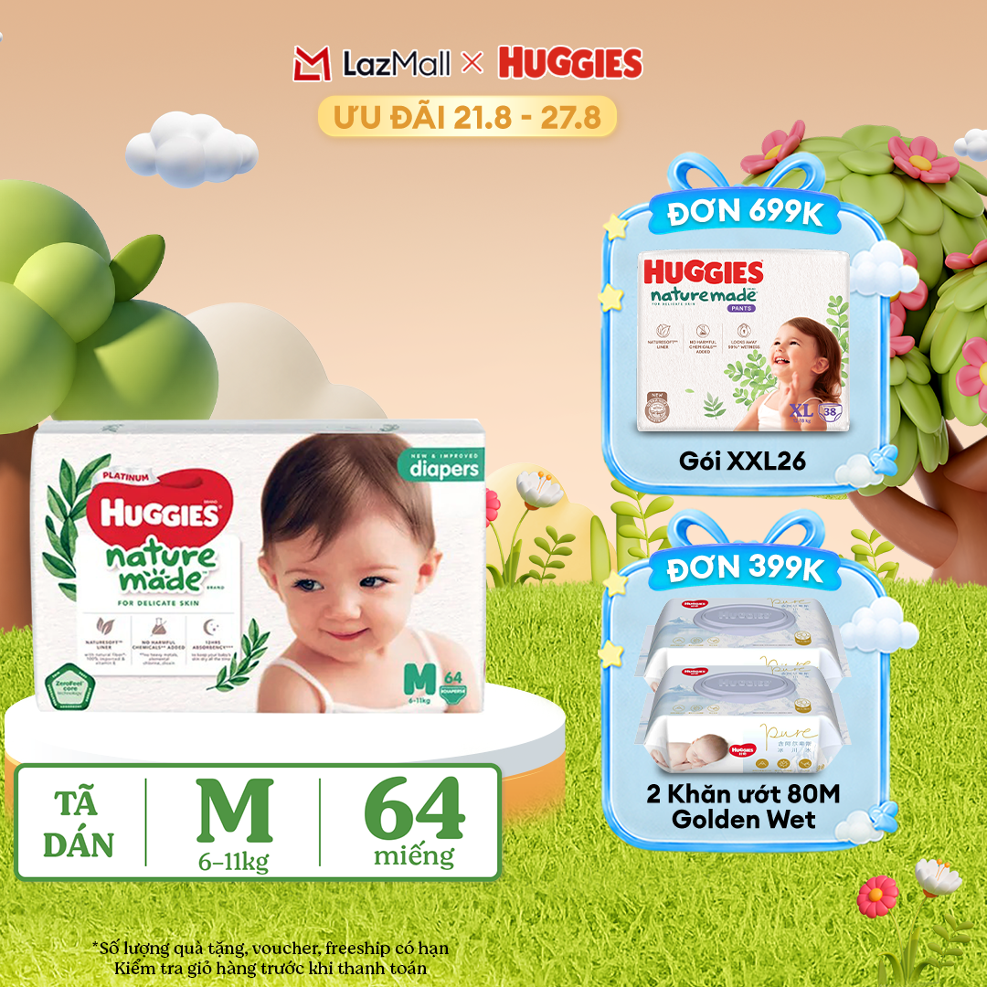[17-24.08 QUÀ TẶNG ĐƠN 399K]  Tã/Bỉm dán HUGGIES PLATINUM NatureMade M64 (6-11kg)-Gói Jumbo 64 miếng