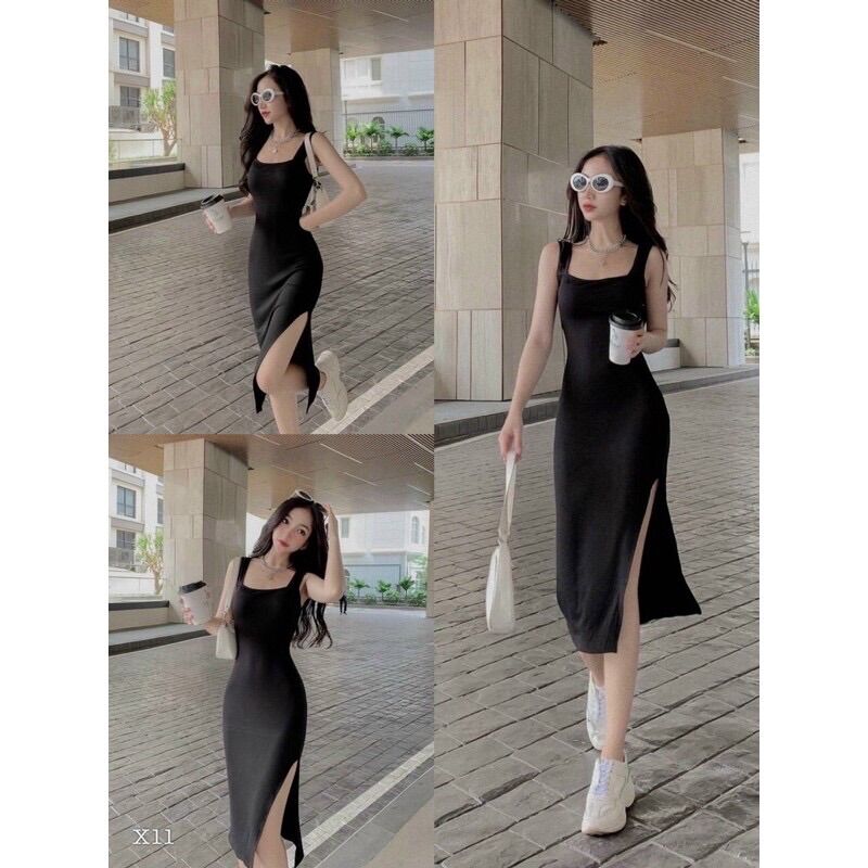 H7- đầm body 2 dây bản lớn, xẻ đùi