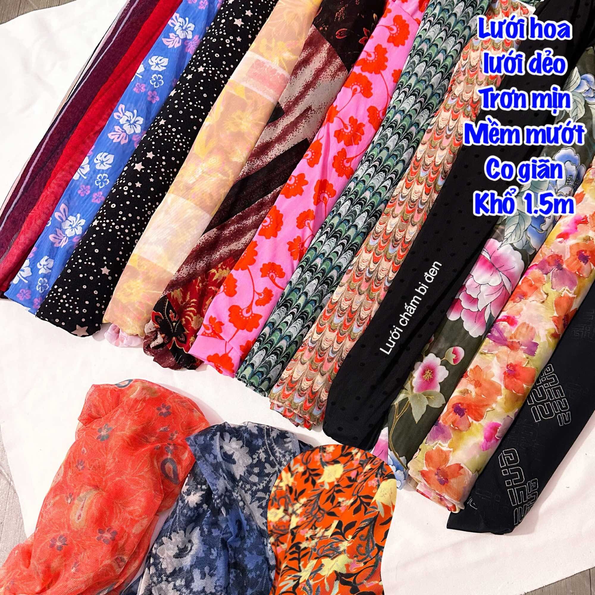 Vải lưới hoa nhí - lưới hoa 3D- lưới hoa hoạ tiết co giãn 4c mềm mịn may váy áo,…