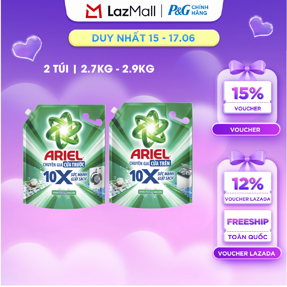 Combo 2 Nước Giặt Gel ARIEL 10X Sức Mạnh Giặt Sạch Chuyên Gia Cửa Trước - Cửa Trên Hương Downy Nắng Sớm Túi 2.7KG/ 2.9KG