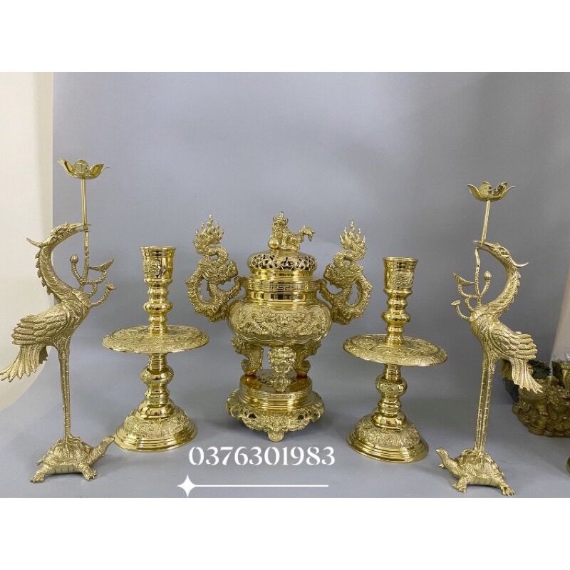 Bộ đỉnh đồng lư thờ bằng đồng nguyên chất cao 35cm bộ ngũ sự đỉnh hạc nến cao cấp