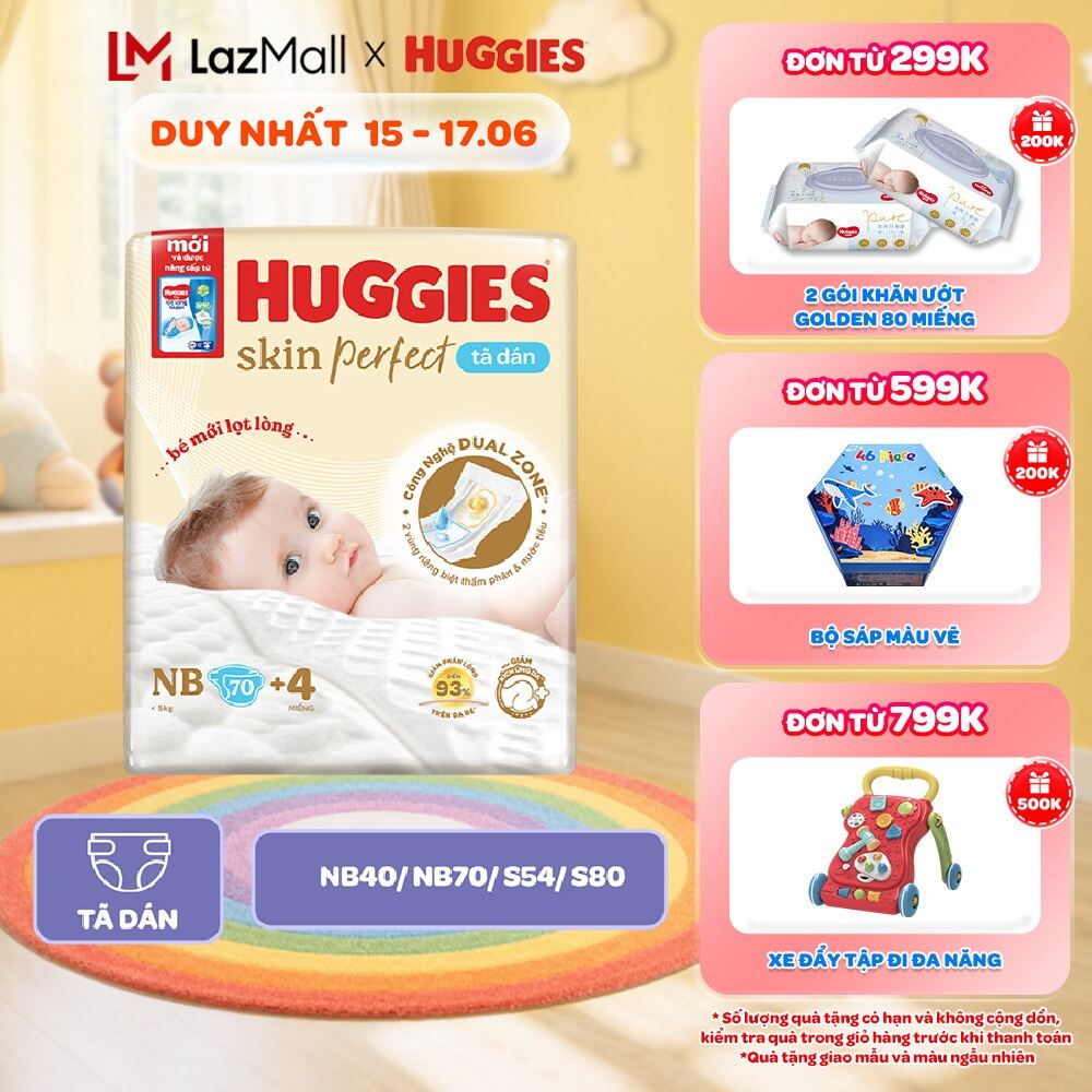 Tã/Bỉm Dán Sơ Sinh Huggies Skin Perfect NB/S/M với 2 Vùng Thấm Giảm Kích Ứng Da