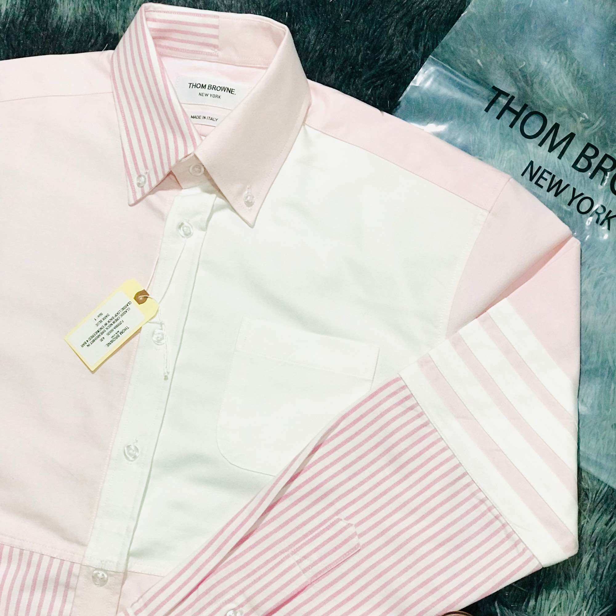 Áo sơ mi Thom Brown’ e 4 mãnh hồng trắng sọc cao cấp