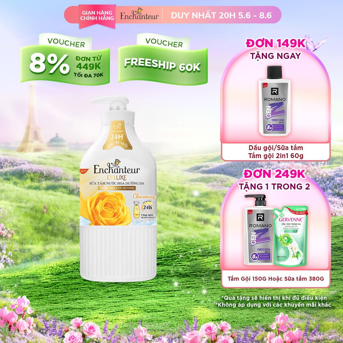 Sữa tắm trắng và dưỡng ẩm Enchanteur Charming 650g