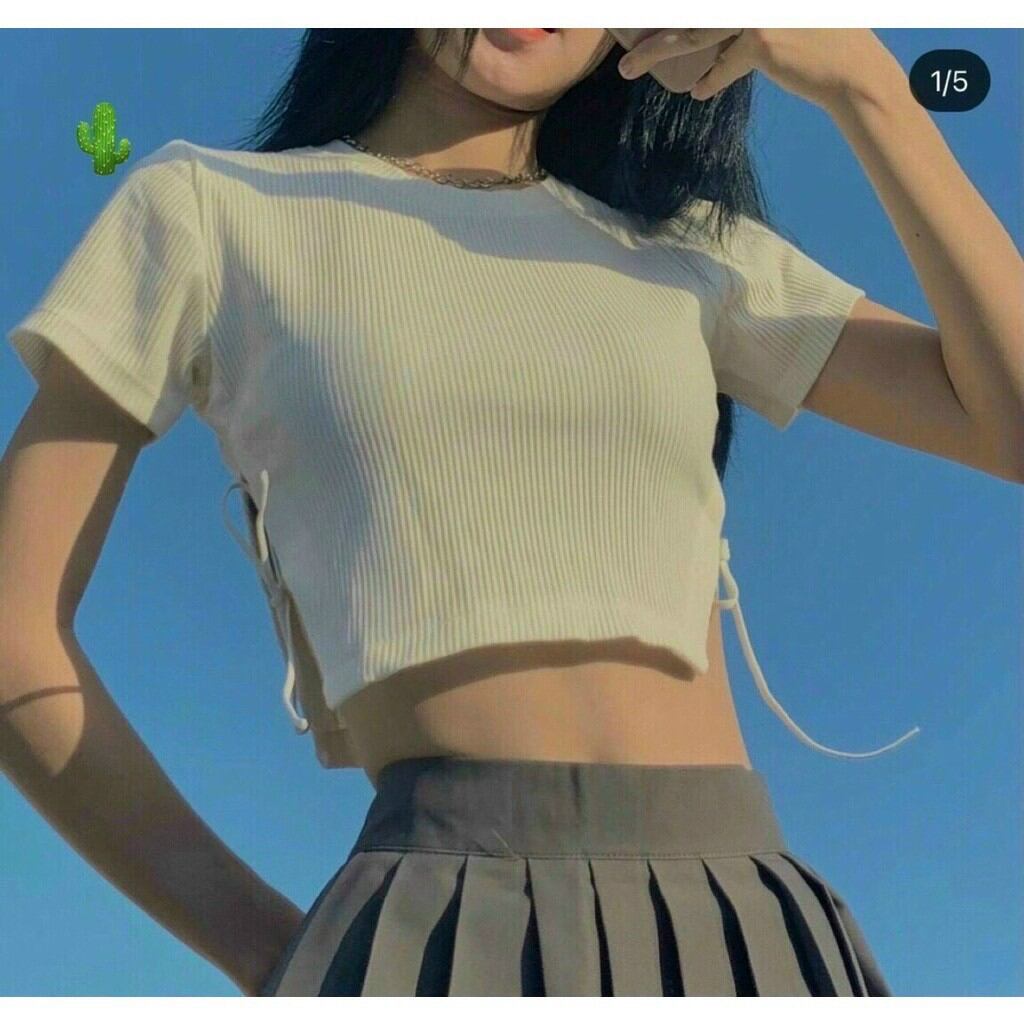Áo croptop đan dây 2 bên, áo thun croptop cổ tròn cá tính