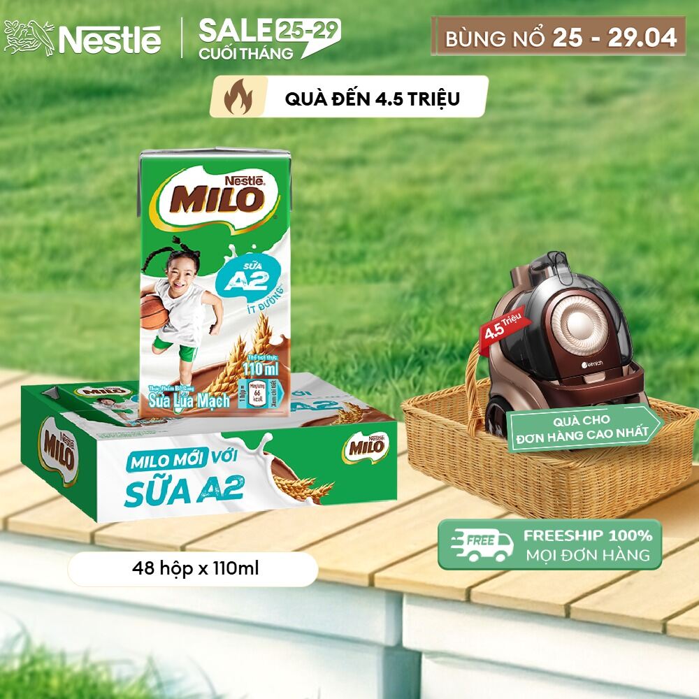 [ƯU ĐÃI THÁNG 4] [FREESHIP TOÀN QUỐC] Thùng Sữa Lúa Mạch Nestle MILO A2 MỚI 48 hộp (4x110ml)
