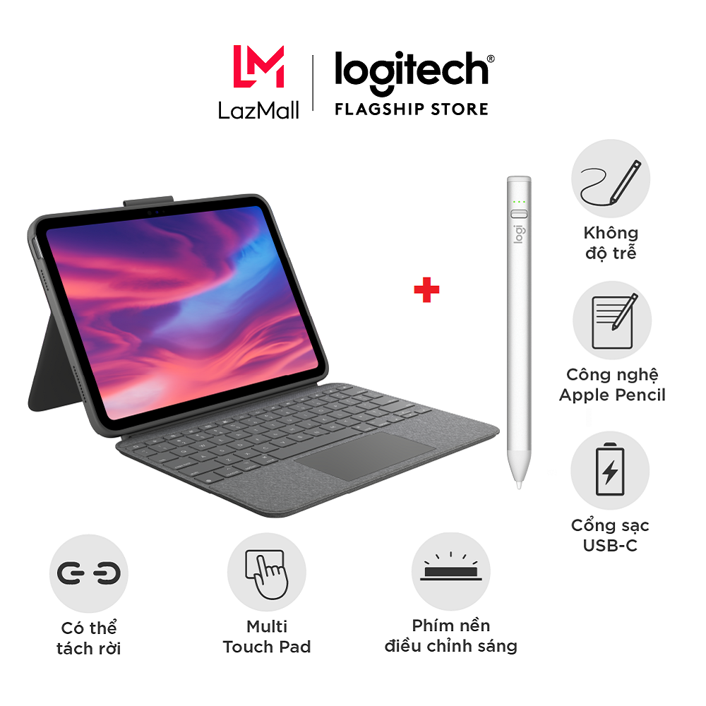 Bao da kèm phím Logitech Combo Touch dành cho iPad Gen 10 & Bút cảm ứng Logitech Crayon kỹ thuật số